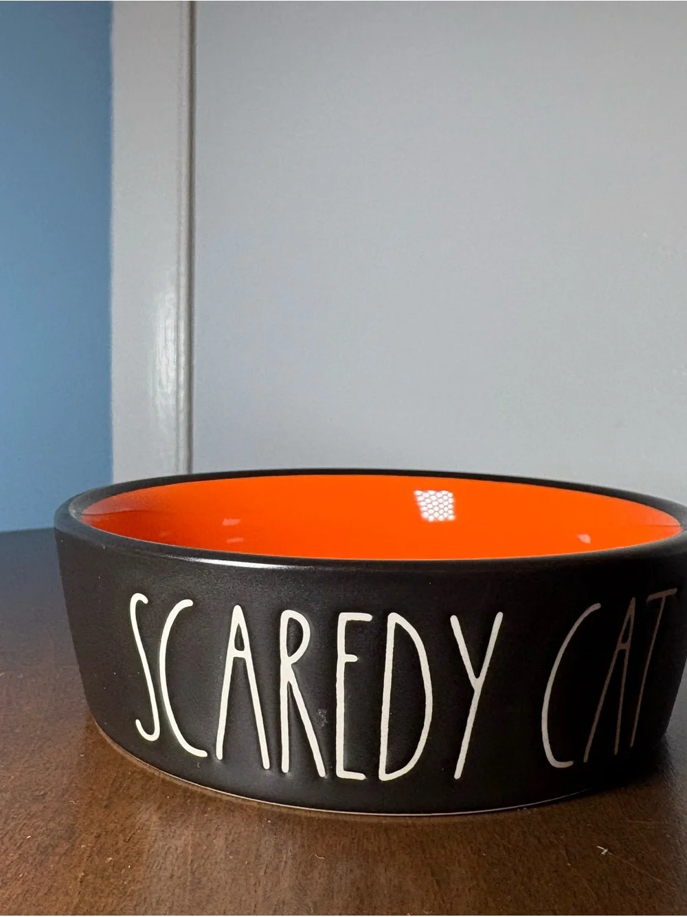 Rae Dunn Scaredy Cat Bowl - Black Exterior with Orange Interior